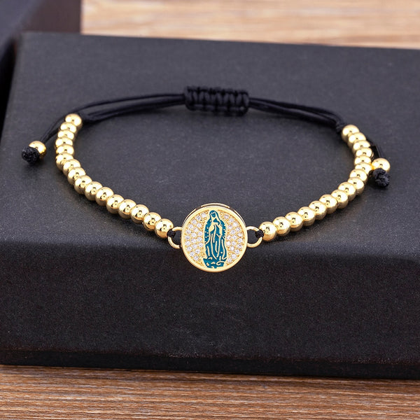 Pulsera ajustable de circonita y perla de cristal hecha a mano con Virgen María en 5 colores, nuevo diseño