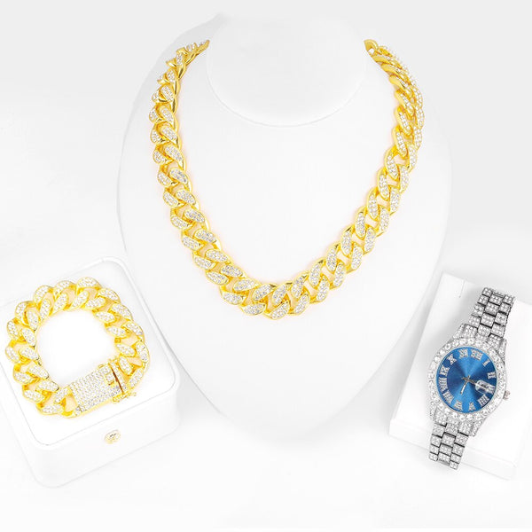 Luxury Bling Large Diamond Sliver Color Watch With Iced Out Cuban Chain 3PCS KIT