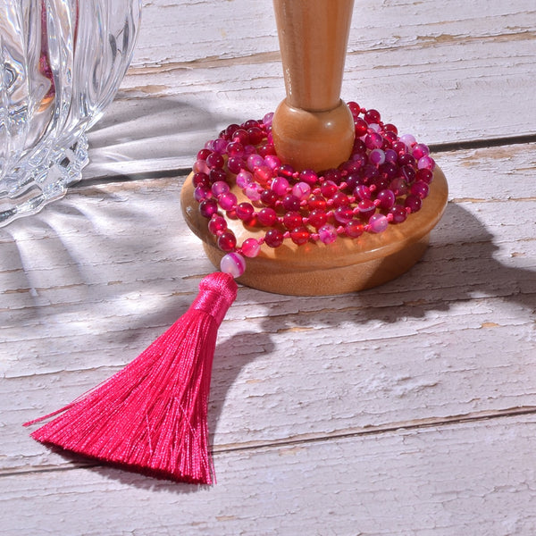 Collar Mala 108 anudado con cuentas de ágata rayada roja rosa de 6 mm