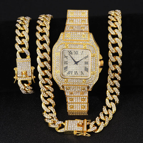 Men Hip Hop Iced Out Bling Chain Necklace Pave Setting Rhinstones CZ Miami Cuban Chains