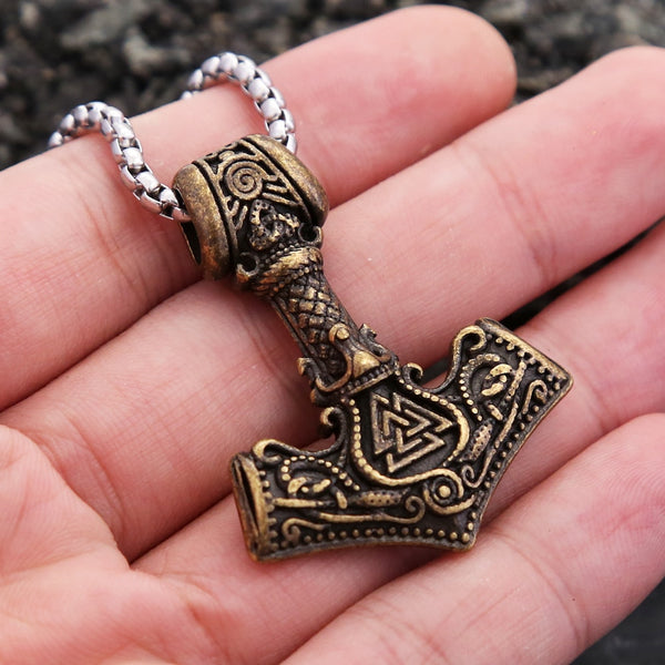 Collar vintage con colgante de martillo de Thor vikingo para hombre, de acero inoxidable, con runas nórdicas.