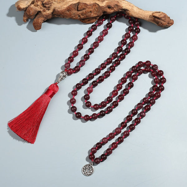Collar Mala 108 anudado con cuentas de granate de 8 mm para meditación, yoga, oración, rosario para hombres y mujeres