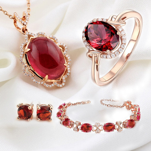 Conjunto de joyería vintage de lujo con colgante, collar, anillo, pulsera y pendientes de botón con piedra roja bañada en oro rosa