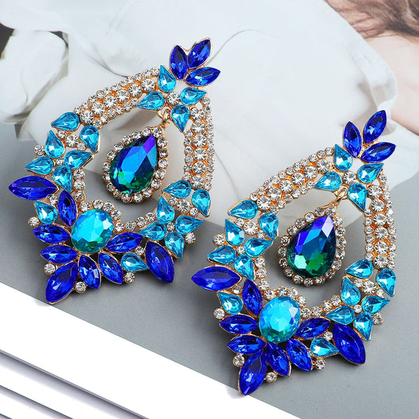 Pendientes colgantes grandes de cristal colorido geométrico clásico de moda para mujer