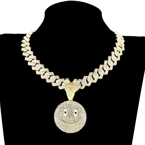 Hip Hop Solid Back Circular Smiley Face Pendant With Tennis Chain