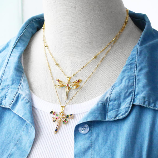 Rainbow Crystal Dragonfly Necklaces for Women Copper CZ Rhinestone Insect Necklace