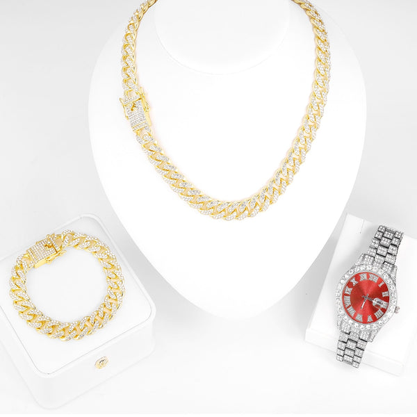 Luxury Three Colors Watch  Iced Out 13MM Cuba Chain Necklace With Bracelet 3PCS KIT