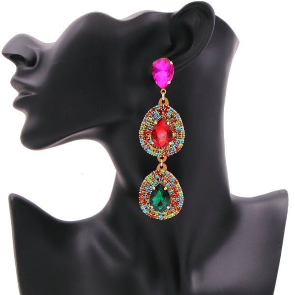 Pendientes llamativos de diamantes de imitación de colores para mujer, pendientes de gota de agua