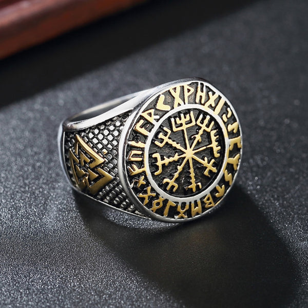 Anillo vikingo vintage de acero inoxidable con brújula para hombre.