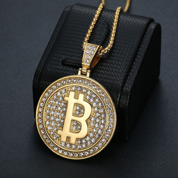 Colgante de acero inoxidable, titanio y circonitas de lujo con símbolo de Bitcoin y hip hop