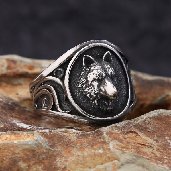 Anillo punk con cabeza de lobo vikingo en 3D para hombre y mujer