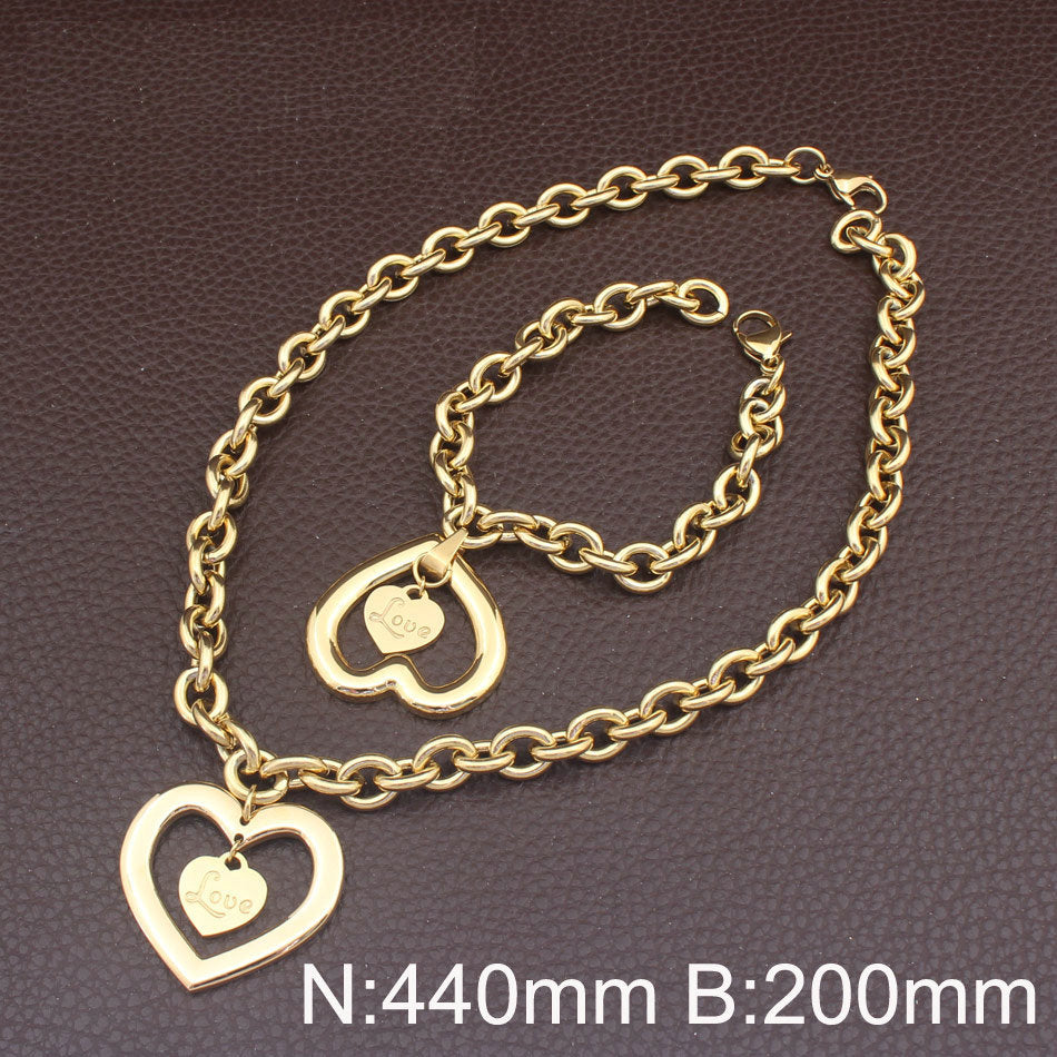 fashion Heart Jewelry gold color Necklace Bracelet stud earrings sets