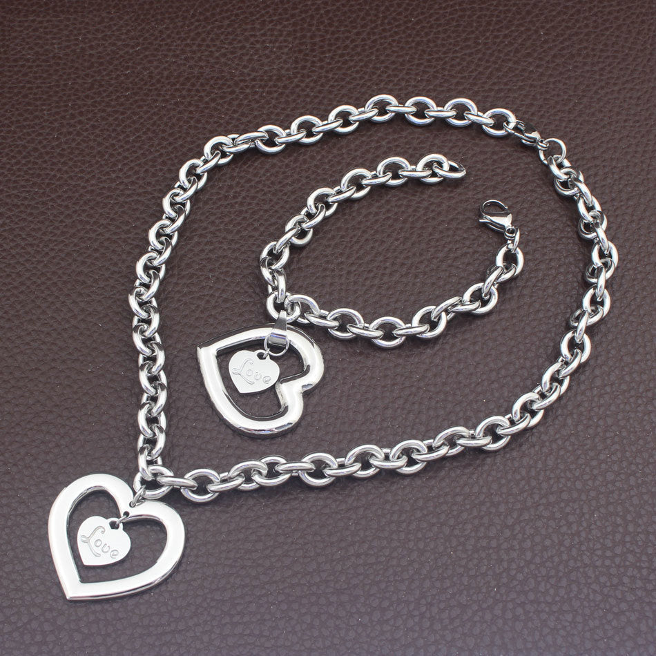 fashion Heart Jewelry gold color Necklace Bracelet stud earrings sets