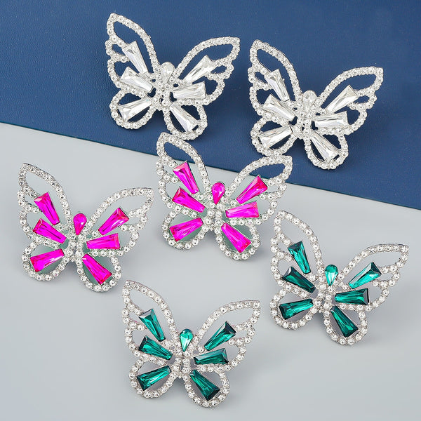 Pendientes de mariposa con diamantes de imitación recortados de metal para mujer