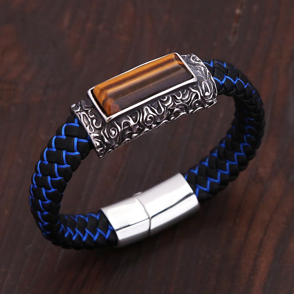 Vintage Stainless Steel Colorful Leather Bracelet With Stone Engraving Pattern Men's Bracelets