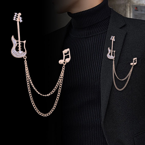 Korean New Guitar Music Notes Brooch Crystal Tassels Chain Lapel Pin Suit Coat Corsage Brooches