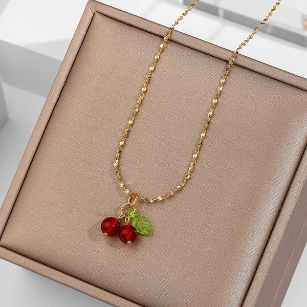 Precioso collar de cerezas de acero inoxidable, joyería de moda para estudiantes.