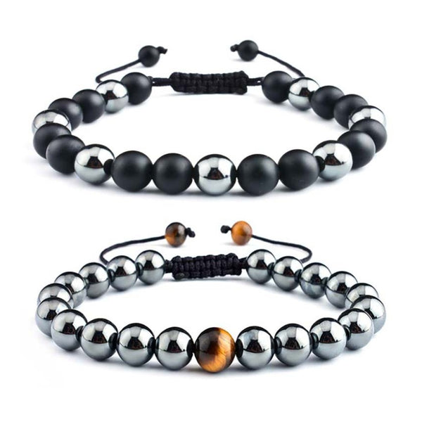 Pulsera trenzada de cuentas de hematita, ónix negro y ojo de tigre amarillo de 8 mm