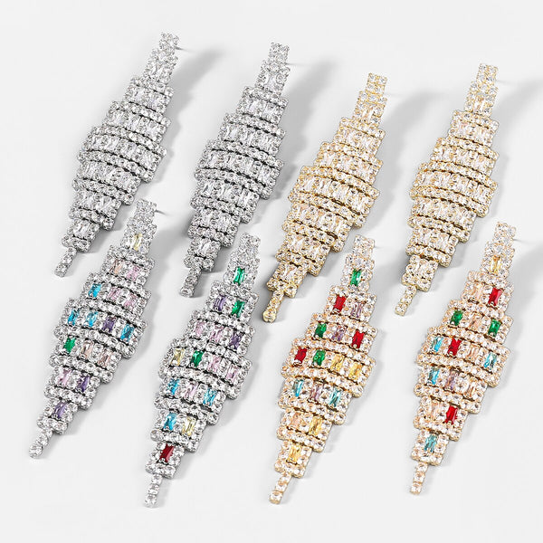 Pendientes largos geométricos de metal con diamantes de imitación para mujer
