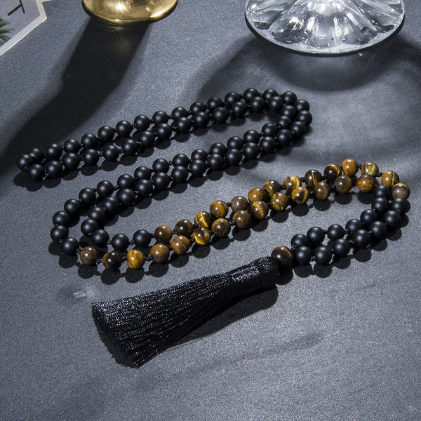 8mm Yellow Tiger Eye Matte Black Onyx Knotted 108 Mala Beads Necklace