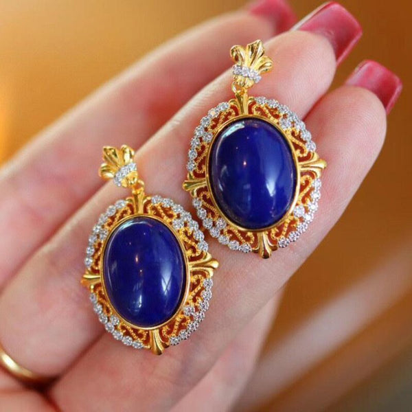 Pendientes de lapislázuli retro con incrustaciones de plata originales de diseñador para mujer