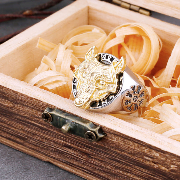 Anillo de lobo vikingo vintage para hombre, estilo hip hop, con runas de Odín.
