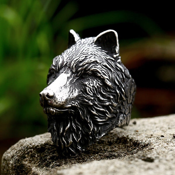 Vintage Black Viking Wolf Head Ring For Men 316L Stainless Steel Punk Hip Hop Animal Rings