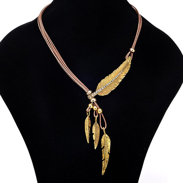 Metal Feather Women Necklace Leaf Rhinestones Inlaid Leather Multilayer Fashion Jewelry