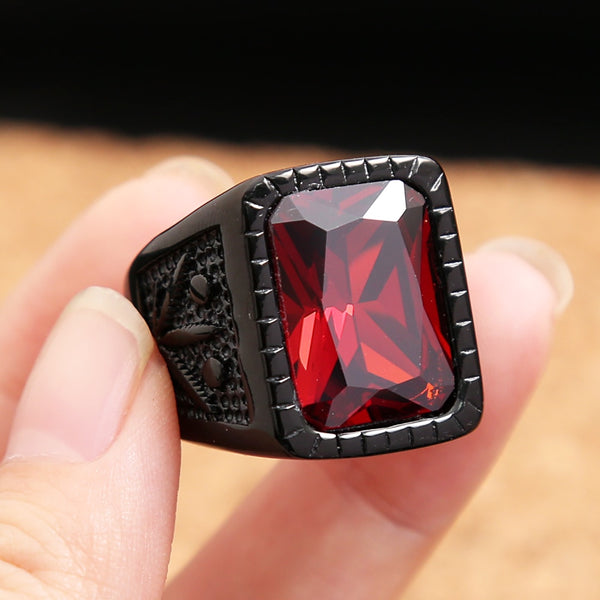 Anillos cuadrados de piedra roja natural de moda para hombre, anillo de acero inoxidable con forma de hoja.