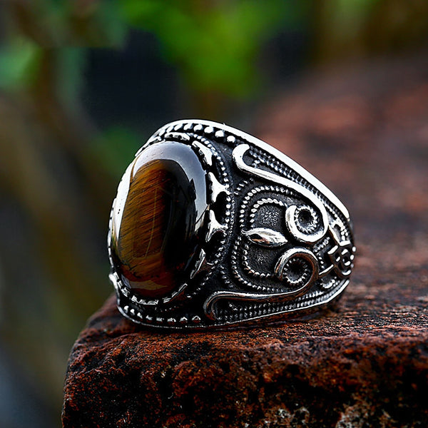 Anillo vintage de acero inoxidable con piedra ovalada marrón para hombre, estilo punk rock, tallado a la moda.