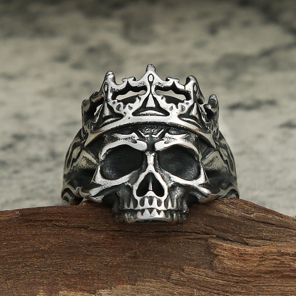 Anillo gótico vintage de acero inoxidable con forma de corona y calavera para hombre
