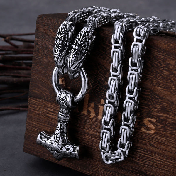 Collar con cabeza de dragón de acero inoxidable para hombre con colgante de martillo de Thor