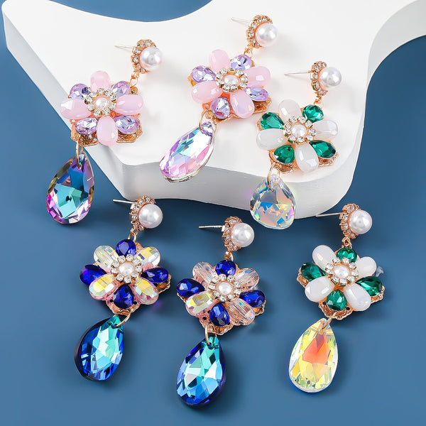 Pendientes de flores de perla de imitación de metal de moda para mujer