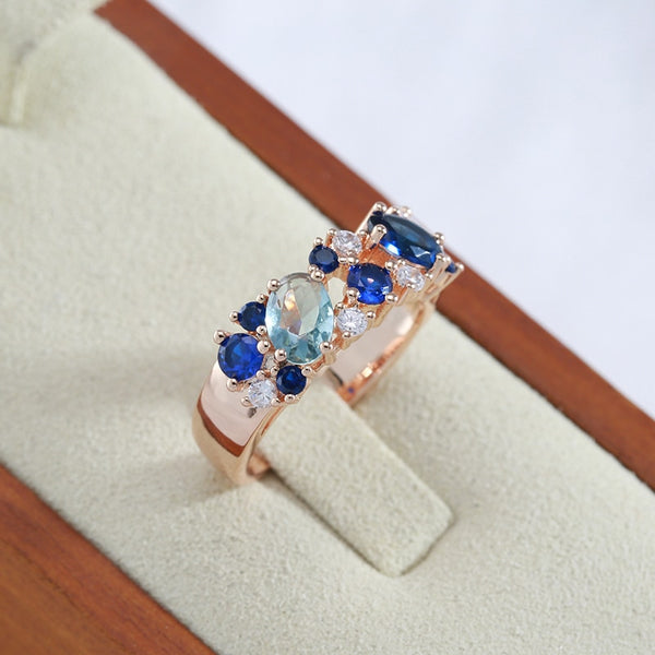 Full Zircon Double Blue Design Luxury 585 Gold Color Rings Women