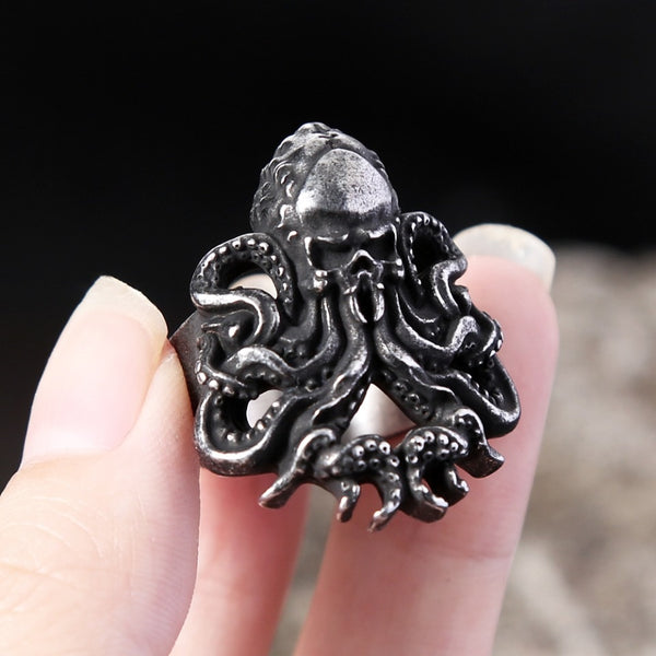 Anillo de calavera estilo punk hip hop de acero inoxidable 316L vintage único con forma de pulpo negro