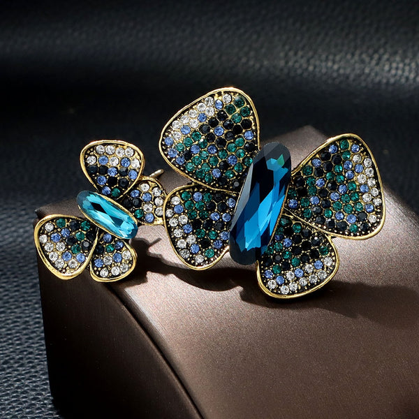 Broche de mariposa con dos diamantes de imitación, color degradado, broche de insecto, estilo vintage, hermosos accesorios de invierno.
