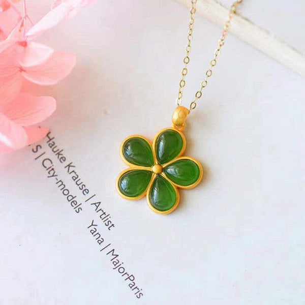 Nuevo collar con colgante de flor de mosaico en forma de gota de jade natural y Qingtian con incrustaciones de plata