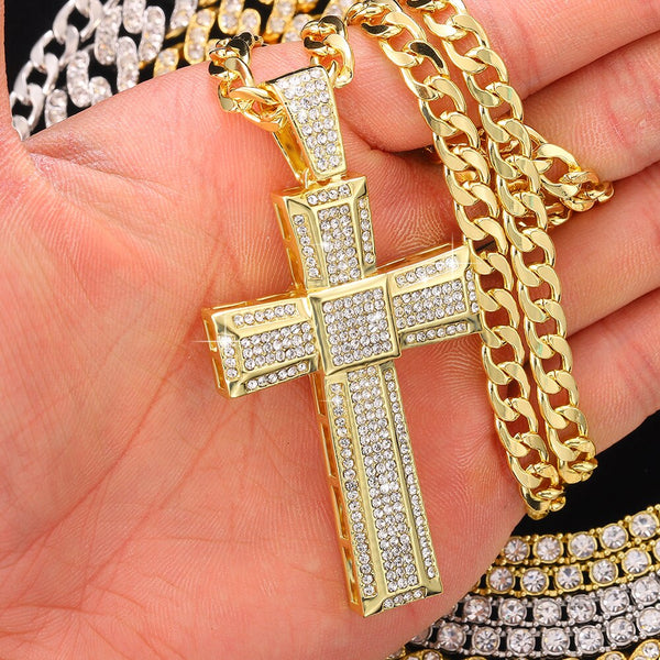 Collar con colgante de cruz brillante para hombre, estilo hip hop, cadena cubana de 11 mm