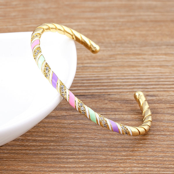 Pulseras geométricas abiertas de 6 colores con circonitas brillantes, brazaletes ajustables de lujo para mujer.