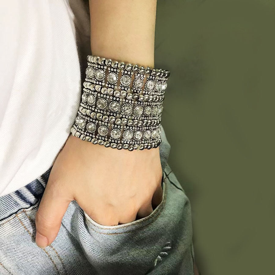 Luxury  Bracelets for Women Wide Retro Punk  Crystal Retractable Woven Beaded Bracelet