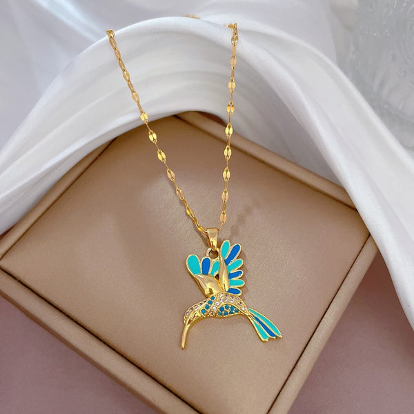 Collar con colgante de pájaro carpintero azul chapado en oro de acero inoxidable 316L para mujer