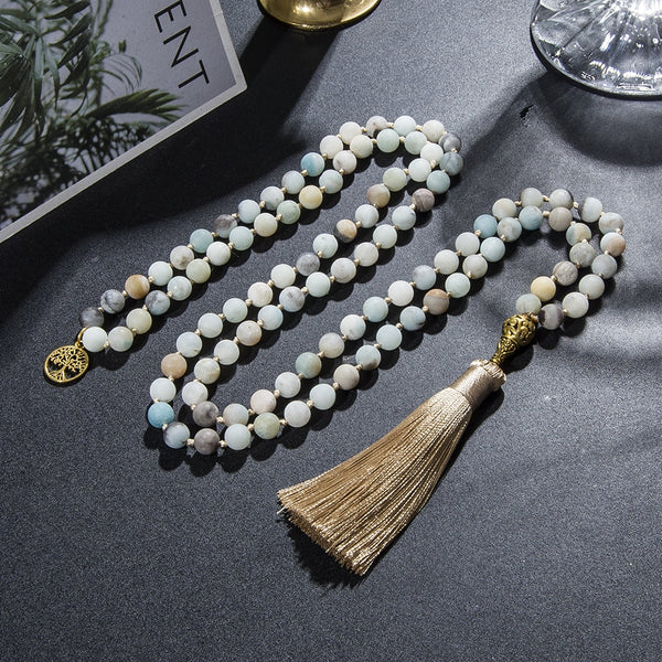 Collar anudado de amazonita mate de 8 mm con 108 cuentas de mala