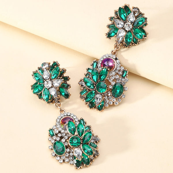 Pendientes colgantes grandes vintage de lujo con diseño de flor de cristal doble redonda, pendientes antiguos inusuales para mujer