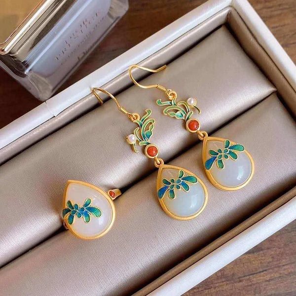 Conjunto de pendientes y anillos de porcelana con esmalte de gota de agua de jade blanco hetiano natural