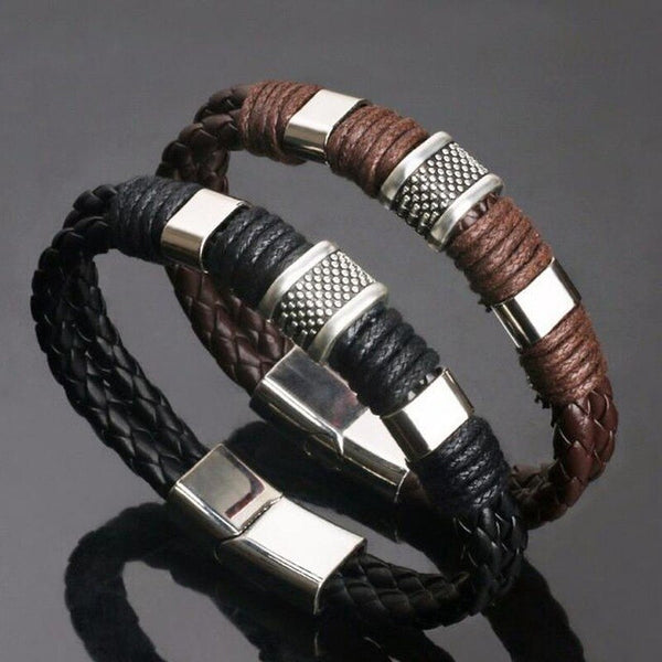 Gentleman Leather Titanium Stainless Steel Braided Clasp Bangle Bracelet