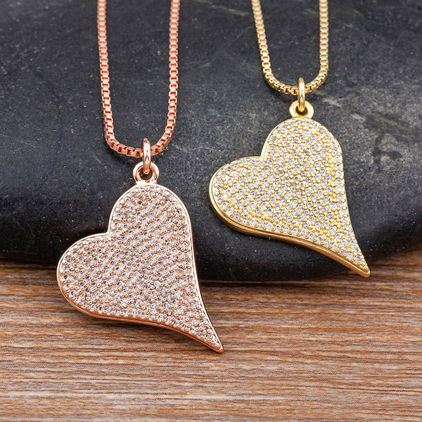Classic Zircon 3 Colors Heart Shape Inlaid Shiny Crystal Pendant Necklace Women