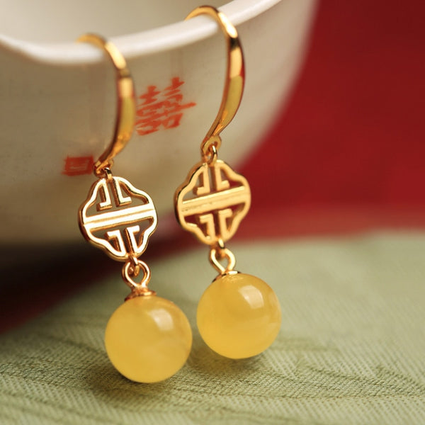 Pendientes artesanales de oro antiguo de calcedonia natural para mujer