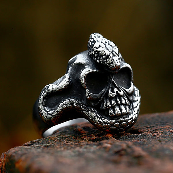 Anillos únicos de calavera de color plata vintage para hombres y niños, anillo de serpiente de acero inoxidable