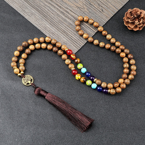 Collar con colgante de árbol de la vida Mala de 108 cuentas de madera natural para hombre y mujer.