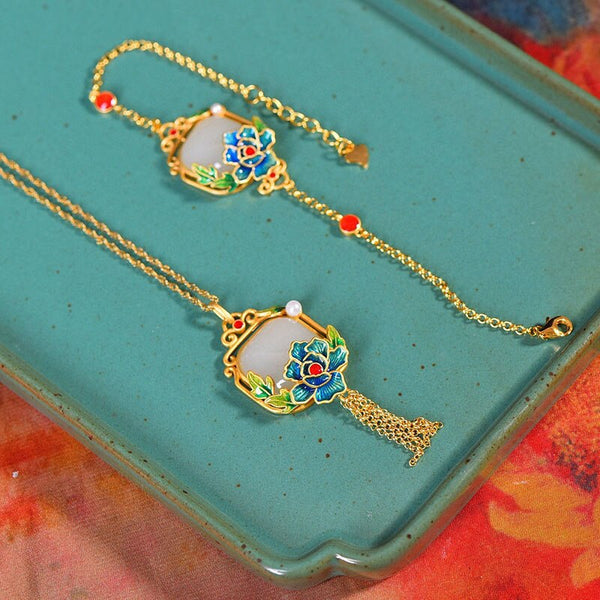 Pulsera cuadrada de jade hetiano natural con incrustaciones de oro dorado y flor de peonía de diseño independiente